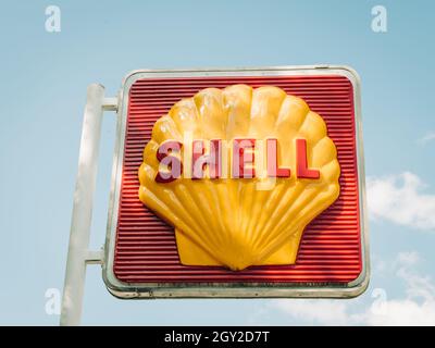 Vintage Shell-Schild an der Soulsbys Service Station, an der Route 66 in Mount Olive, Illinois Stockfoto