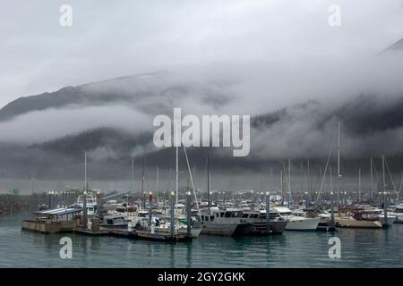 Seward Boat Harbor an einem nebligen Tag, Seward, Alaska, USA Stockfoto