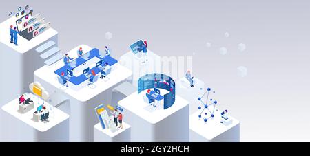 Isometrisches Expertenteam für Datenanalyse, Geschäftsstatistik, Management, Consulting, Marketing. Kommunikation und zeitgemäßes Marketing. Unternehmen Stock Vektor