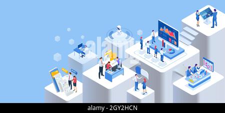 Isometrisches Expertenteam für Datenanalyse, Geschäftsstatistik, Management, Consulting, Marketing. Kommunikation und zeitgemäßes Marketing. Unternehmen Stock Vektor