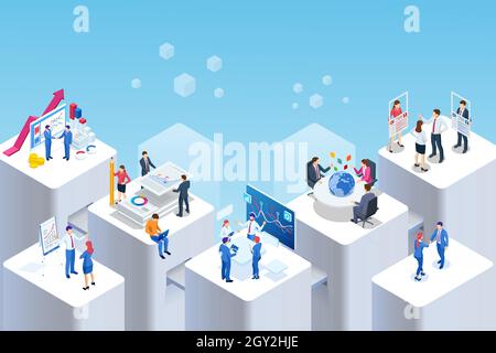 Isometrisches Expertenteam für Datenanalyse, Geschäftsstatistik, Management, Consulting, Marketing. Kommunikation und zeitgemäßes Marketing. Unternehmen Stock Vektor