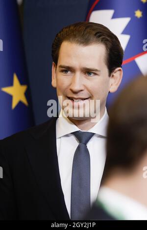 Brdo Pri Kranju, Slowenien. Oktober 2021. Bundeskanzler Sebastian kurz trifft auf den EU-Westbalkan-Gipfel in Brdo pri Kranju ein. Kredit: SOPA Images Limited/Alamy Live Nachrichten Stockfoto