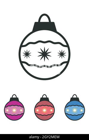 Symbole für Neujahrskugeln. Weihnachten dekorative schwarze Kontur Linie Objekte, isolierte farbige Elemente Sammlung, Cartoon-Stil. Weißer Hintergrund. Vektor Stock Vektor