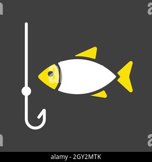 Angelhaken mit Fischvektor-Glyphen-Symbol auf dunklem Hintergrund. Camping- und Wanderzeichen. Grafik-Symbol für Reise- und Tourismus-Website und Apps Design, AP Stock Vektor