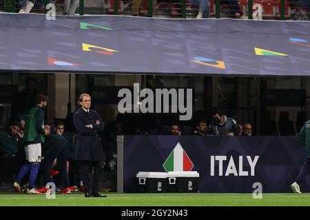 Mailand, Italien. Oktober 2021. Roberto Mancini Head Coach of Italy während des UEFA Nations League Finals 2021 Halbfinalspiels zwischen Italien und Spanien im Giuseppe Meazza Stadium, Mailand, Italien am 06. Oktober 2021 Credit: Independent Photo Agency/Alamy Live News Stockfoto