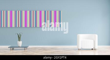 Moderne, minimalistische Studioeinrichtung mit einem Sessel an einer leeren blauen Wand und Holzboden, 3d-Darstellung Stockfoto