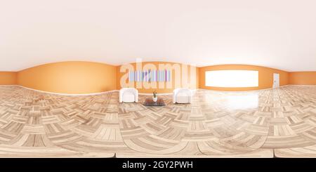 Vollständige 360 Grad Panorama-Umgebungkarte des modernen orangefarbenen Appartment Innenraums 3d Rendering Illustration hdri hdri vr style Stockfoto