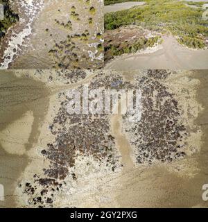 Sammlung von Bildern aus der Perspektive einer hohen Drohne, die auf abstrakte texturierte Landschaften herabblicken Stockfoto