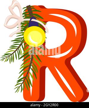 Roter Buchstabe R mit grünem Christbaumzweig, Kugel mit Schleife. Festliche Schriftart für Happy New Year und helles Alphabet Stock Vektor