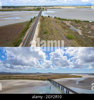 Montage von hohen Luftaufnahmen einer Eisenbahnbrücke über einen ländlichen Fluss in St. Lawrence, Queensland, Australien Stockfoto