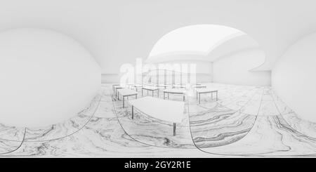 Vollständige 360-Grad-Panorama-Umgebungskarte von leeren abstrakten weißen Klassenzimmer mit Stühlen und Tischen 3d-Darstellung hdri hdri vr Stil Stockfoto