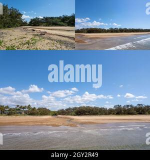 Luftaufnahmen von Küstenstränden und Bächen mit Wellen, die bei der Flut sanft den Sand umschlagen Stockfoto