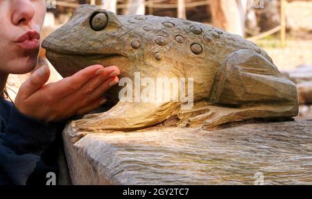 Ein junges Mädchen küsst einen Frosch, um ihn in einen hübschen Prinzen zu verwandeln Stockfoto