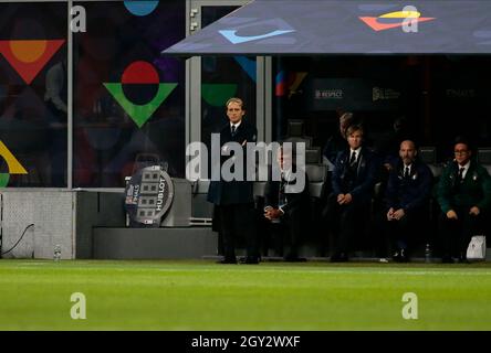 Mailand, Italien. Oktober 2021. Trainer Roberto Mancini (Italien) während der UEFA Nations League, Halbfinale-Fußballspiel zwischen Italien und Spanien am 6. Oktober 2021 im Giuseppe Meazza-Stadion in Mailand, Italien - Foto Nderim Kaceli / DPPI Credit: DPPI Media/Alamy Live News Stockfoto