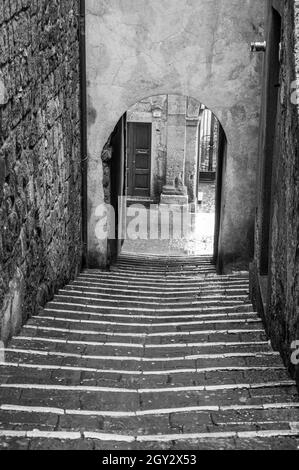 Vertikale Graustufenaufnahme der schmalen Straßentreppe mit alten Steingebäuden. Italien. Stockfoto