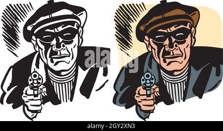 Eine Vintage-Retro-Illustration eines Räubers in einer Maske, der mit einer Pistole auf den Betrachter zeigt. Stock Vektor