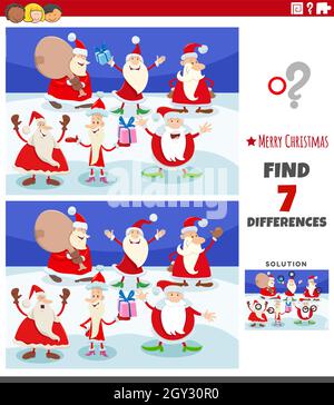 Cartoon Illustration der Suche nach Unterschieden zwischen Bildern pädagogische Aufgabe für Kinder mit Weihnachtsmann-Figuren auf Weihnachten Zeit Stock Vektor