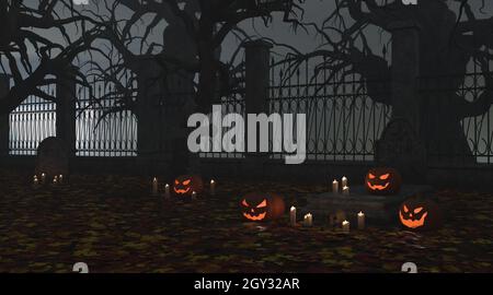 3D-Illustration halloween Friedhof Kürbis Schädel und Kerzen Stockfoto
