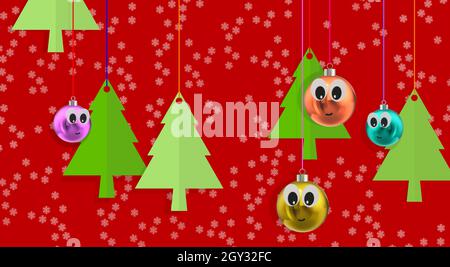 Traditionelle Deko-Idee. Grüne Kiefer. Roter Hintergrund. Weihnachtskrippe Ornament. Schneeflocken. Weihnachtskugeln. Gesicht mit Ausdruck, Lächeln. Stockfoto