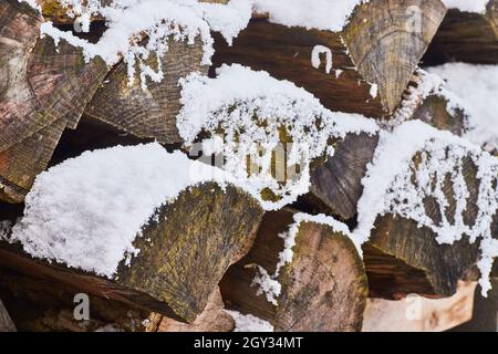 Detail des Schnees auf Viertelstämmen des Brennholzes Stockfoto