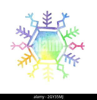 Aquarell Regenbogen sechseckige Schneeflocke. Schnee schimmert im Licht, Winter Illustration Weihnachten und Neujahr. Isoliert auf weißem Hintergrund. Gezeichnet von Stockfoto