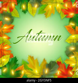 Herbsthintergrund mit Ahorn- und Eichenblättern, glänzender Girlande und Inschrift Herbst. Herbst Zusammensetzung der realistischen Farbe fallen Blätter. Vektor Stock Vektor