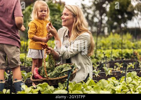 Lächelnde alleinerziehende Mutter zeigt ihren Kindern eine frische Karotte, während sie auf einem Bio-Bauernhof ernten. Glückliche junge Mutter von zwei sammeln frisches Gemüse in ein Stockfoto