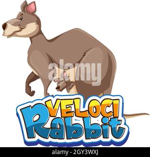 Kangaroo Zeichentrickfigur mit Velocirabbit Schrift Banner isoliert Illustration Stock Vektor