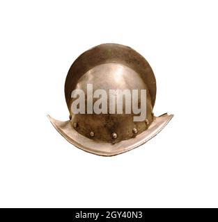 Spanischer Helm aus dem 16. Jahrhundert. Ein Morion (spanisch: morrión) ist eine Art offener Helm, der ursprünglich aus dem Königreich Kastilien stammt und ab dem 16. Verwendet wurde Stockfoto