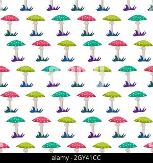 Amanita Pilze nahtloses Muster mit leuchtend rosa und blauen Hut und weißen Punkten und Gras. Agarisches Neonmuster mit Fliege Stock Vektor
