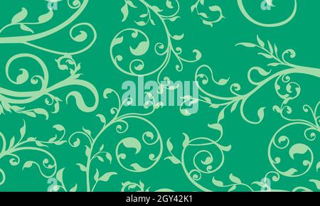 Moderne einfache geometrische nahtlose Muster mit grüner Farbe Blumenform, Linie Textur auf tiefem Hintergrund. Helle abstrakte florale Tapete, helle Fliesen Stockfoto