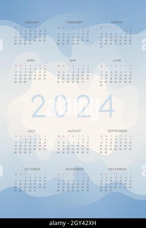 2024 Kalender mit blauen Gradienten Fluidwellenformen. Vertikale Jahresvorlage für Druck und Digital. Die Woche beginnt am Sonntag Stock Vektor