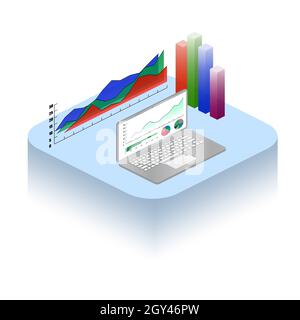 Isometrisches Datenanalysekonzept mit Diagrammen und Diagrammen. Infografiken auf einem Laptop und 3D-Projektion auf einem Tisch. Farbige Spalten in 3d. Holographisches Grap Stock Vektor