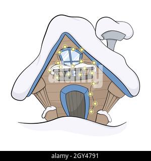 Cartoon Winterhaus. holzweihnachtshaus mit Schnee bedeckt. Stock Vektor