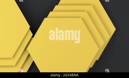 Modernes abstraktes Design; gelbe Sechsecke auf dunklem Hintergrund; geometrischer Hintergrund, Papierstil; überlappende Polygone; Webbanner; 3d-Rendering Stockfoto