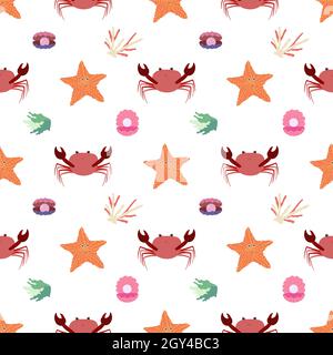 Seettier Nahtloses Muster mit Krabben und Seesternen, Muschel mit Perle, Koralle. Unterwasser Welt Bewohner drucken. Handgezeichnete Unterwasserdarstellung des Lebensvektors. Stock Vektor