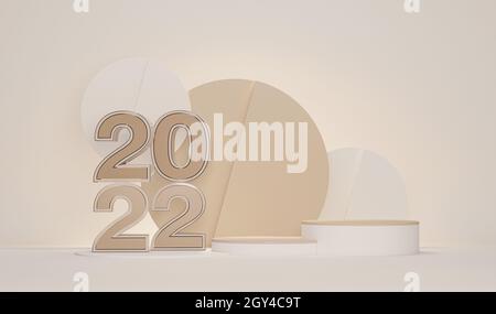 Minimale Szene mit Podium, Geschenkbox und goldenem, pastellfarbenem Hintergrund. Konzept des glücklichen neuen Jahres 2022. 3D-Zahlen 2022 und Brieftext, Poster, Banner Stockfoto