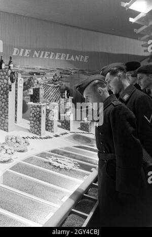 Soldaten bei der Leipziger Frühjahrsmesse vor 1963 Stand der Niederlande mit landwirtschaftlichen Erzeugnissen; Deutschland 1941. Soldaten an der Leipziger Frühjahrsmesse vor einem stehen, die von den Niederlanden mit landwirtschaftlichen Erzeugnissen; Deutschland 1941. Stockfoto