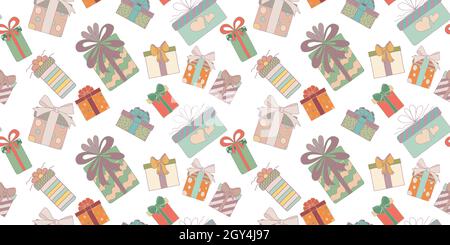 Nahtloses Muster. Niedliche handgezeichnete farbige Geschenkboxen im Doodle-Stil. Weihnachts-Geschenkbox für Geburtstag und Party und Jubiläen oder für das neue Jahr Stock Vektor