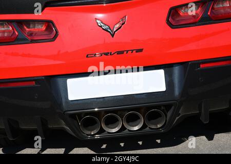 Mugello Circuit, Italien - 23. September 2021: Detail einer roten Chevrolet Corvette im Mugello Circuit Paddock, Italien. Stockfoto