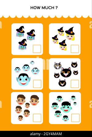 Happy Halloween Mathe Spiel für Kinder mit Monstern. Mathematische Praxis. Bildung Spiel für Kinder. Wie viele und wie viele. Vektor Stock Vektor