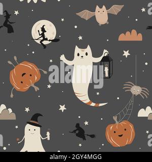 Niedliches, nahtloses Halloween-Muster mit Geistern, Fledermäusen, Kürbissen, Spinnen und fliegenden Hexen. Vektorgrafik handgezeichnete Illustration Stock Vektor