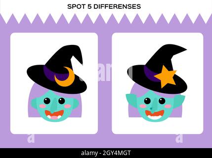 Finden Sie 5 Unterschiede. Happy Halloween-Spiel. Witch Bildung Spiel für Kinder. Arbeitsblatt für Kinder. Vektor. Stock Vektor