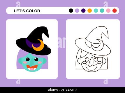Cartoon Hexe Farbbuch. Färbung Bildung für Kinder. Happy Halloween-Spiel. Vektor. Stock Vektor