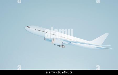 Pastellblaues Flugzeug, das mit Wolken am Himmel fliegt. Flugzeug starten und Hintergrund pastellfarben. Minimales Ideenkonzept. Airline Konzept Reise Flugzeug Passagiere. Stockfoto