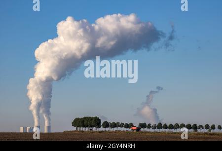 07. Oktober 2021, Sachsen, Großpösna: Die Dampfwolken aus den Kühltürmen des Kraftwerks Lippendorf sind von weitem sichtbar. Die Temperaturen sinken nun in den klaren Nächten stetig gegen den Gefrierpunkt. Foto: Jan Woitas/dpa-Zentralbild/dpa Stockfoto