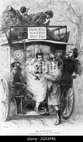 Diese Karikatur von Theodor Hosemann aus der Zeit um 1864 zeigt, wie eng es in den Pferdebussen in Berlin war. [Automatisierte Übersetzung] Stockfoto