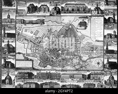 Dieser um 1750 erstellte Stadtplan zeigt die nach Süden ausgerichtete Stadt Berlin mit ihren verschiedenen Vororten. Ansichten von Kirchen und wichtigen Gebäuden sind um die Karte gruppiert. [Automatisierte Übersetzung] Stockfoto