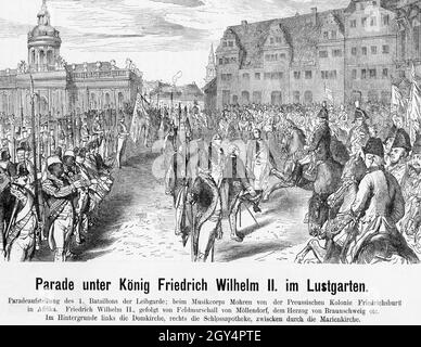 Unter den Augen des preußischen Königs Friedrich Wilhelm II. (Rechts, auf einem Pferd sitzend) fand im Lustgarten eine Parade statt. Das 1. Bataillon der Lebenswachen steht in Parade-Formation. Schwarze aus der preußischen Kolonie Friedrichsburg (links im Bild) spielen mit dem Musikkorps. Rechts vom König befinden sich Feldmarschall von Möllendorf und der Herzog von Braunschweig. Im Hintergrund sieht man links die Domkirche, in der Mitte die Marienkirche und rechts die Schlossapotheke. Undatierte Zeichnung, um 1790 gemacht. [Automatisierte Übersetzung] Stockfoto