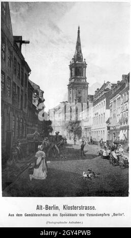 Das Gemälde zeigt die Klosterstraße und die Parochialkirche in Berlin-Mitte. Undatierte Malerei, wahrscheinlich um 1860 entstanden. [Automatisierte Übersetzung] Stockfoto